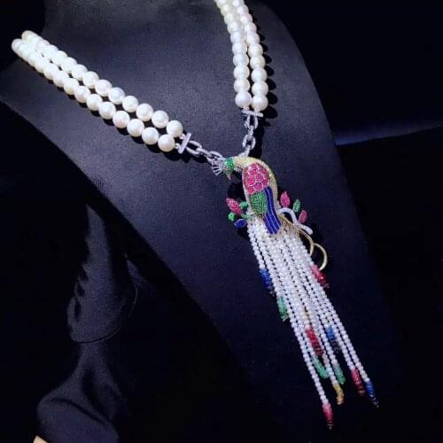 Natural fresh water pearl pendant necklace double layers bird phoenix ethnic multicolor 18 inch accept order any length