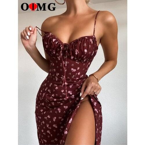 OIMG Floral Print Sexy Bodycon High Split Dress Lady Sleeveless Red Wine Knee Length Party Club Fairycore Dresses Dropship 10248