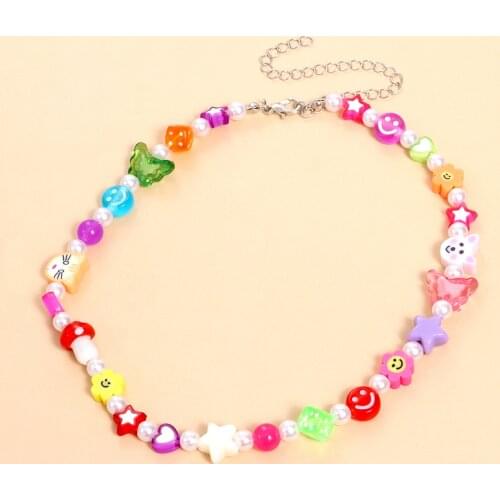 Handmade Colorful Acrylic Stars Charm Necklace For Women Clay Flowers Pearl Beads Clavicle Choker Necklace Gift Jewelry