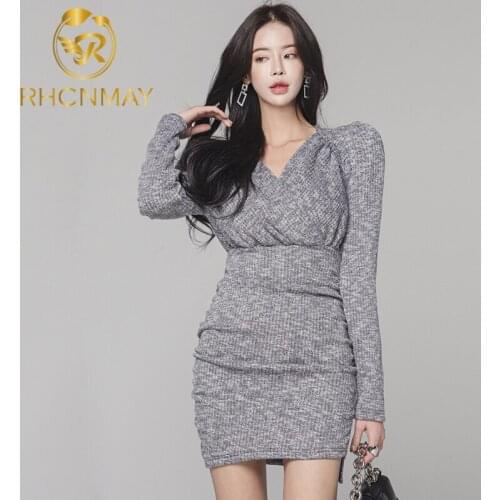 2020 Korean Women Spring Autumn Long Sleeve Sexy Temperament V-Neck Knitted Sweater Dress Slim Chic MiNi Knit Dress