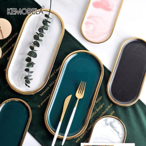 Gold Plating Ceramic Marble Storage Tray Black White Europe Food Fruit Breakfast Oval Plate Jewelry Tray Dessert Dish Decoration