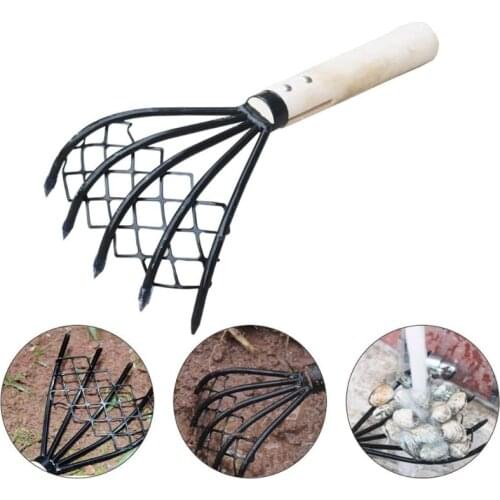 Sturdy Compact Claw Rake with Mesh Net 15 Inch Hand Rake Clam Fork Short Wooden Handle Ergonomic Non-Slip Sturdy Rake