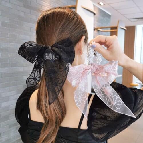 1PC Lace Pearl Hair Band Long Ribbon Bow Ponytail Scarf Hair Tie Scrunchies For Women Girls Elastic Hair Bands Hair Accessories