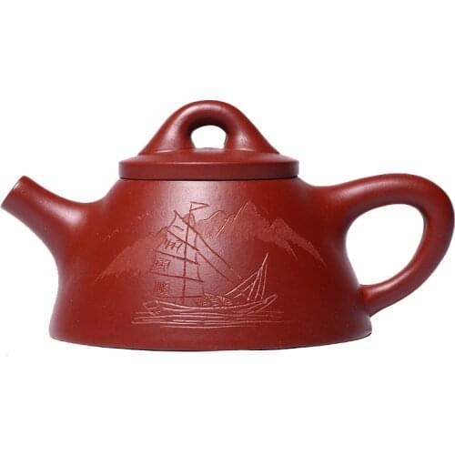 Carved Overlord Stone Scoop Pot Zisha Teapot Yixing Handmade Pot Kung-fu Teaware Purple Clay Drinkware For Puer Green Black