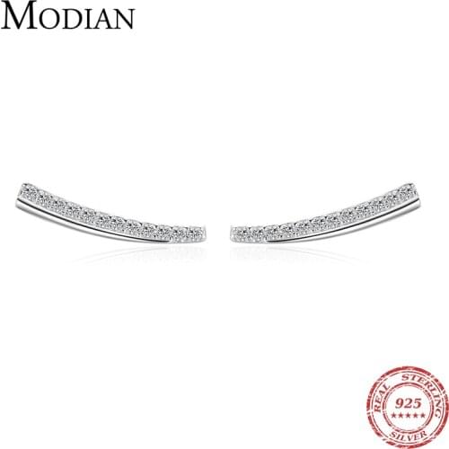 Modian Minimalism Line Stud Earrings Solid 925 Sterling Silver Feather Clear CZ Studs Ear For Women Hypoallergenic Jewelry Gifts