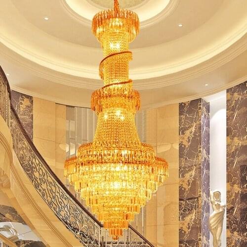 Modern Duplex Long Gold Crystal Chandeliers Light Fixture Modern Golden Crystal Droplights Hotel Club Hanging Lamps D80cm*H180cm