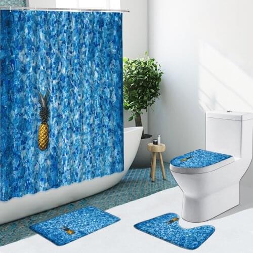 Tropical Fruit Pineapple Shower Curtain Blue Geometric Background Non-Slip Flannel Rugs Toilet Cover Bathroom Set Bath Mat Decor