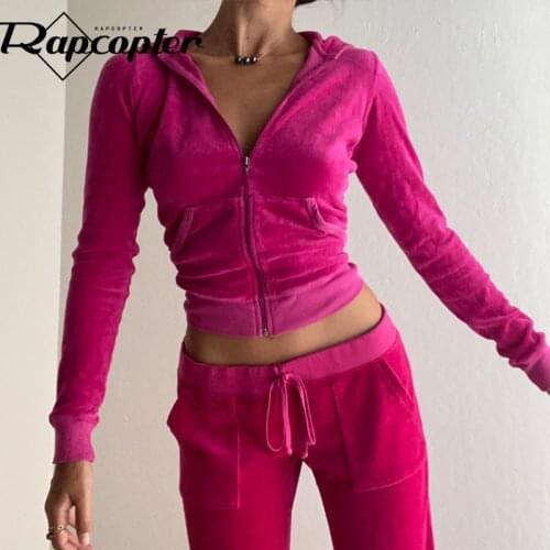 Rapcopter Velvet Solid Jakets y2k Aesthetic Pockets Hooded Coat Long Sleeve Slim Cropped Outwear Autumn Winter Women Tracksuits