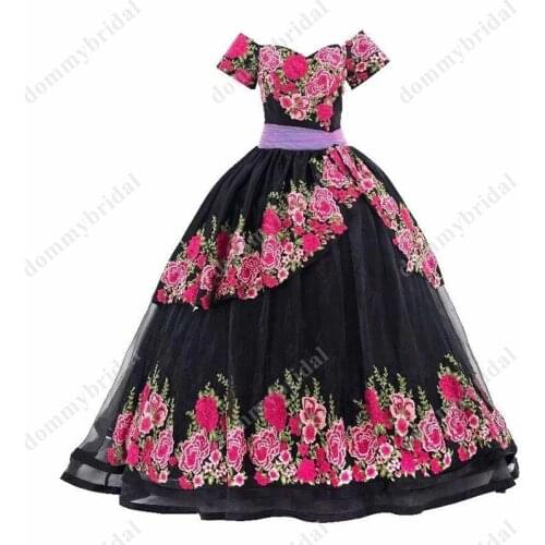 Fashion Black Floral Flowers Embroidery Ball Gown Quinceanera Prom Formal Dresses 2021 With Sleeves Vestidos De Fiesta Mexican