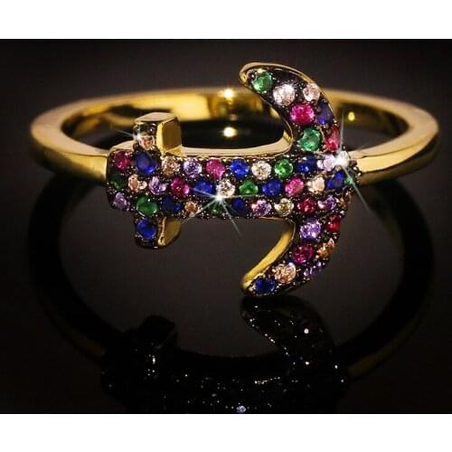 925 Silver Colorful Zircon Stone Gold Anchor Rings for Women Fashion Wedding Engagement Jewelry Cute Gift Ring