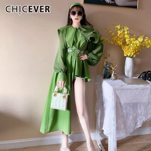 CHICEVER Patchwork Dress For Women Asymmetrical Collar Lantern Long Sleeve High Waist Lace Up Designer Hem Dresses Female 2020