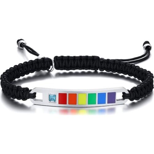 2021 LGBT Steel Zircon Rainbow Bend Brand Black Nylon Braided Adjustable Hand Strap bracelet perle charm ang fashion bracelet