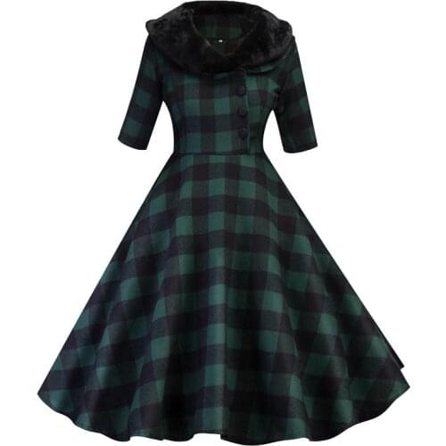 2021 Fur Collar Winter Red Green Gingham Vintage Dress Women Button Up Half Sleeve Autumn Elegant Plaid Retro A Line Dresses 50s