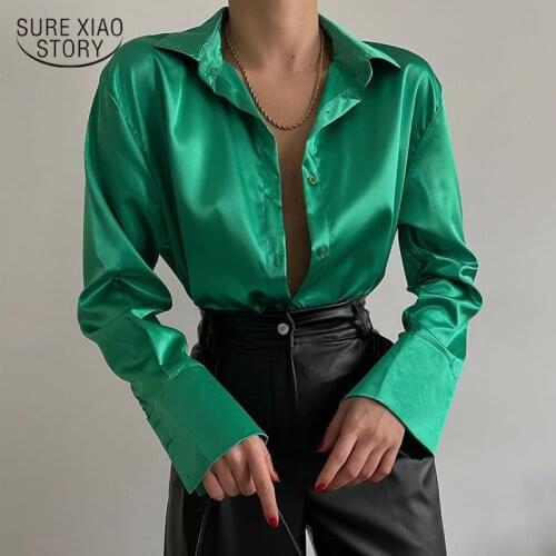 2021 Office Lady Satin Solid Pullover Shirts Women Autumn Lantern Long Sleeve Hollow Blouse Women Elegant Ladies Clothes 11088