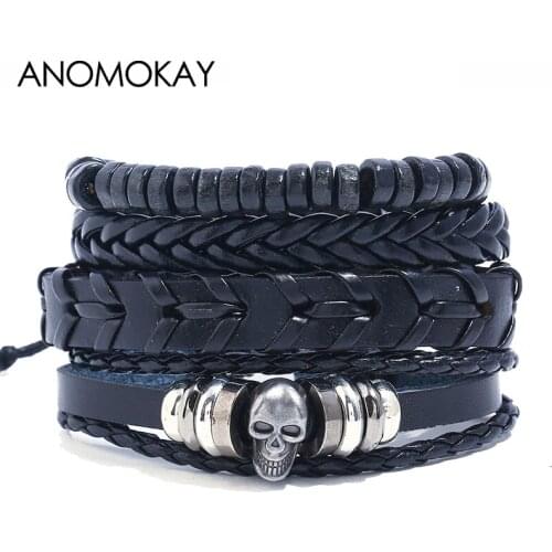ANOMOKAY 4 PCS/SET Punk Style Skeleton Metal Men Bracelet Handmake Braided DIY Leather Wrap Vintage Bracelet Set Male Pulsera
