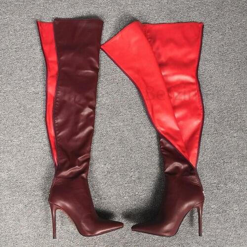 BERZIMER Red Lining Women Thigh High Boots Faux Leather Heels Zapatos Mujer Botas Over Knee Shoes Woman Large Size 39 44 47