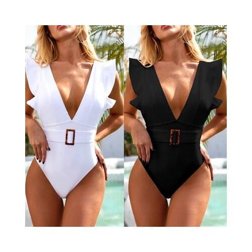 One Piece Flounced Open Back Swimsuit Bikini Lace Decoration V-neck Women Summer Wear