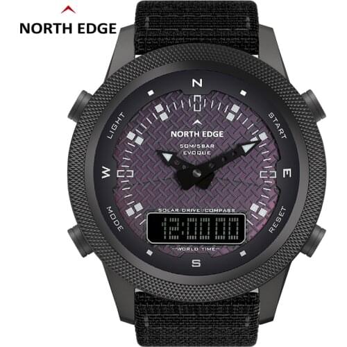 NORTH EDGE New Mens Outdoor Sport Digital Watch Compass Solar Rechargeable Watch 5ATM Waterproof Nylon Military Clock + Box