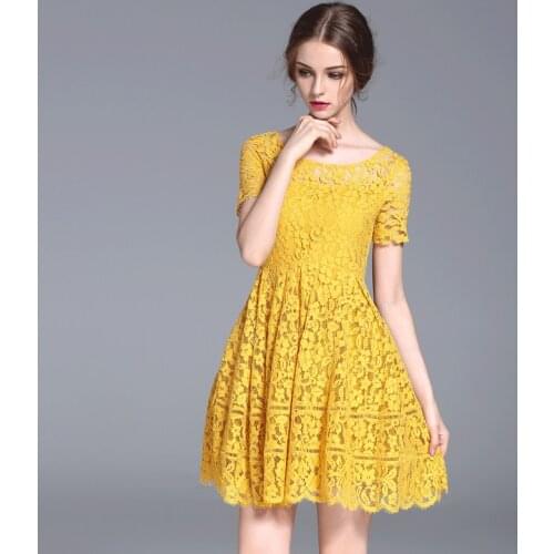 Elegant Yellow Floral Lace Ball Gown Summer Dress Women Vestido de Festa Fashion Girls Party Dresses Robe Femme Ete 2017