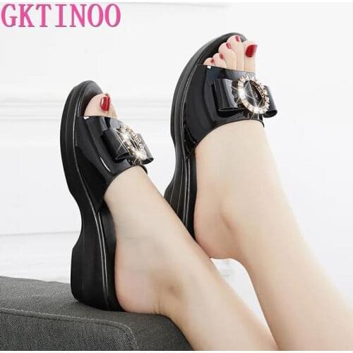 GKTINOO Women Slippers 2021 Ladies Summer Slippers Shoes Women Wedges Heels Fashion Rhinestone Genuine Leather Summer Shoes
