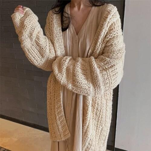 Winter Sweater Loose Version Woman Frock Medium Style Joint Cardigan Cable- Knit Sweater Court Style Retro Fall Hansenne