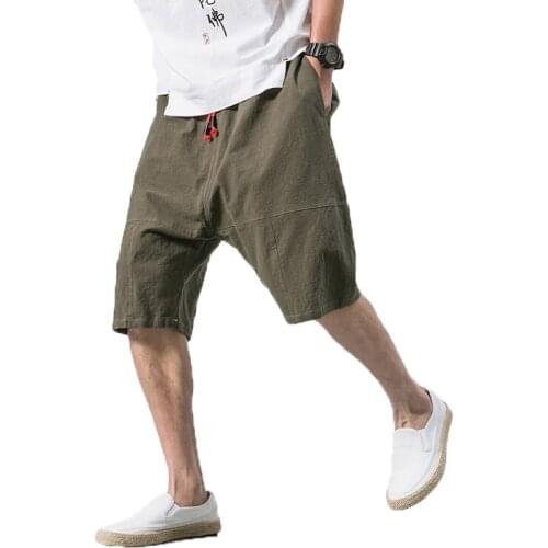 Chinese Style 2019 Men Pants Mens Baggy Wide Crotch Linen Harem Pants Loose Large Cropped Trousers Wide-legged Bloomers M-5XL