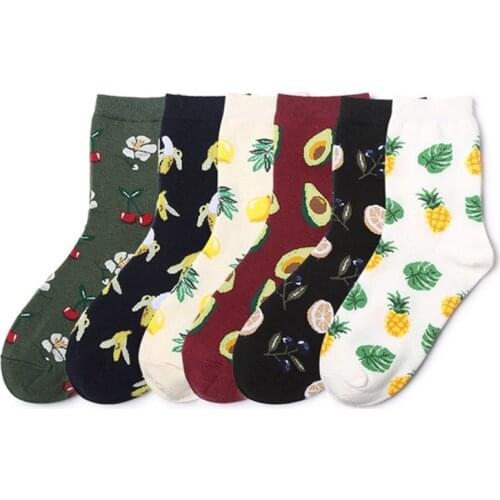 Korean Fresh Harajuku Fruits Socks Funny Animal Flamingos Lemon Avocado Pineapple Cherry Blueberry Gardenias Calcetines Mujer
