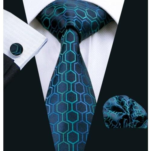 LS-534 Men`s Tie 100% Silk Novelty Geometric Jacquard Woven Classic Tie+Hanky+Cufflinks Set For Formal Wedding Business Party