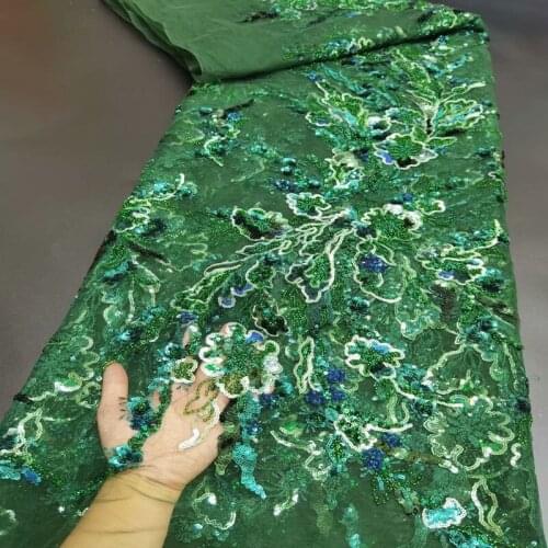 Newest Lady Party Dress Material High Quality Green Rich French Lace with Many Sequins HandWork Beads Tulle Fabric Turtle 2021