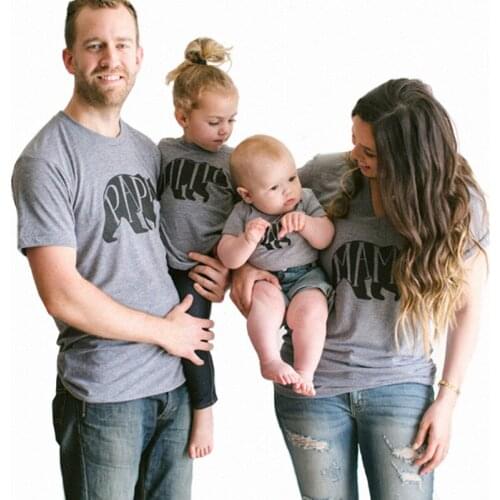 Family Matching Outfits Papa Mama Babies Cotton Letter Animal Print T-shirt Gray Clothing Dad Mum Baby Clothes Fashion Summer