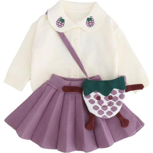 Two-piece baby girl autumn knitted sweater girl fruit cardigan sweater pleated skirt small bag set baby girl warm skirt set