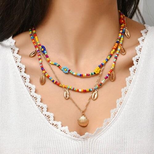 Bohemian Colorful Beaded Necklace for Women Jewelry Set Girl Hobo Shell Pendant Choker Necklace Trendy Party Accessories AM3279