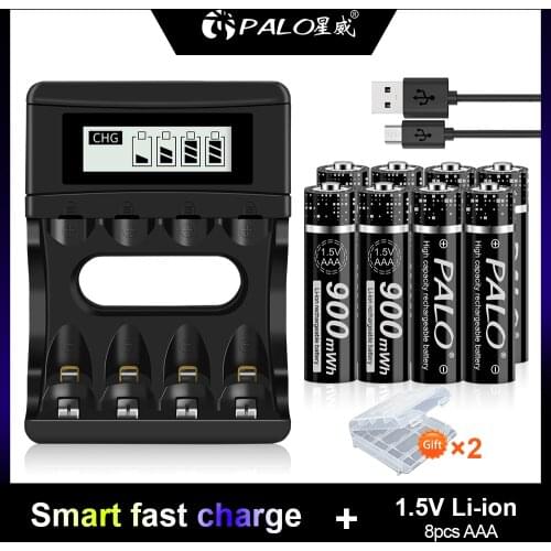 PALO 4-24pcs 900mWh 1.5V AAA Rechargeable Battery Lithium Li-ion Li ion 3A Batteries with LCD Display Smart Battery Charger
