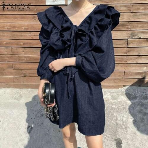 ZANZEA Summer Vintage Women V Neck Puff Sleeve Sundress Ruffle Denim Mini Dress Casual Elegant Solid Party OL Vestidos Oversized