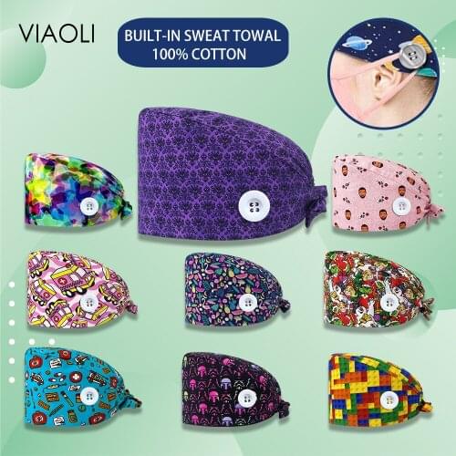 Beauty Salon Beautician Working Cap Elastic Nurse Accessories Adjustable scrubs women Unisex Printing Cotton Scrub Hat Nurset