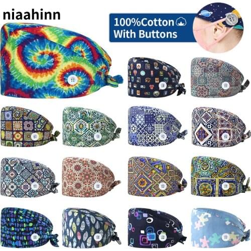 Adjustable Unisex Scrub Hat Printing Cotton Hospital Doctor Working Caps Pet Nursing Scrubs Caps Nurse Accessories with Buttons