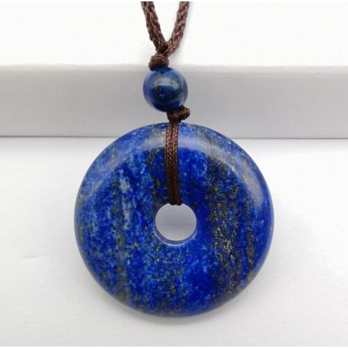 Lapis Stone Carved Safety Button Pendant Necklace Adjustable Nylon Rope Braid Jewelry F103