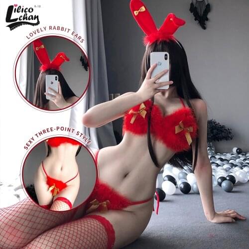 Sexy Cute Bunny Girl Women Christmas Cosplay Costume Lingerie Plush Bow Three Point Halter Bra Set Passion Temptation Bikini New