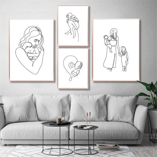 Family Portrait Line Drawing Poster Abstract Mom Son Daughter Canvas Painting Baby Print Nordic Wall Pictures Living Room Decor