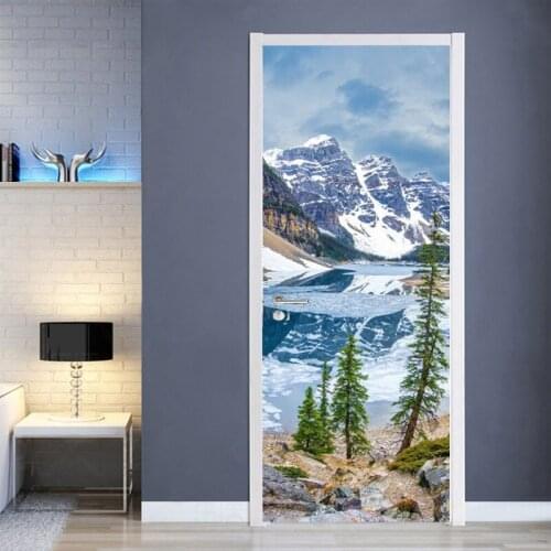 Snow mountain lake forest beautiful natural scenery Self adhesive Door Stickers Home Decor Wall Sticker 3d wallpaper Mural