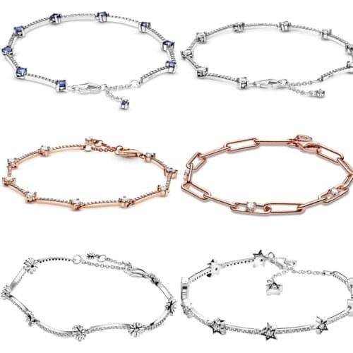 Sparkling Daisy Flower Pave Bar Link Chain & Stones Star 925 Sterling Silver Bracelet Fit Bangle Bead Charm Diy Jewelry