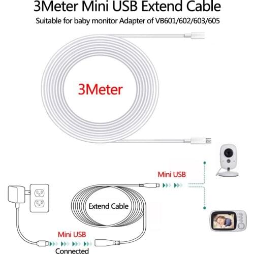 3 Meter Extension Cable Cord for Baby Monitor Power Adapter Universal Suitable for VB601/603/605/607 Camera Mini USB Connector