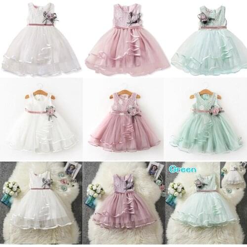 Flowers Princess Formal Birthday Party Dress Infant Baby Girls Clothes Bowknot Floral Lace Patchwork Tutu Dress