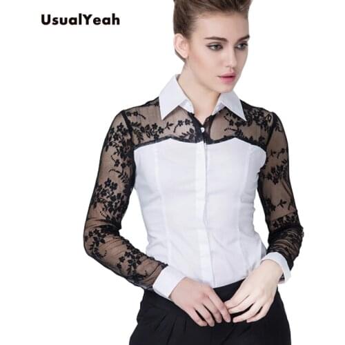 UsualYeah New Casual Long sleeve Lace Patchwork Women work wear Slim Fit Body Shirt Blouse Office Blusas White S-XXL SY0099