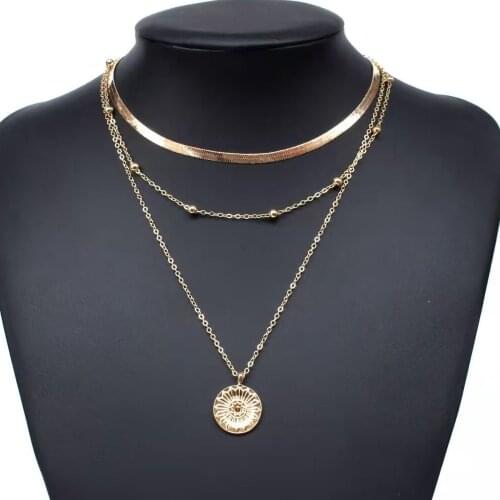 Retro Alloy Women Gold Silver Plated Coin Pendant Chain Necklace Christmas New Three-layer Clavicle Chain Metal Flat Snake Chain