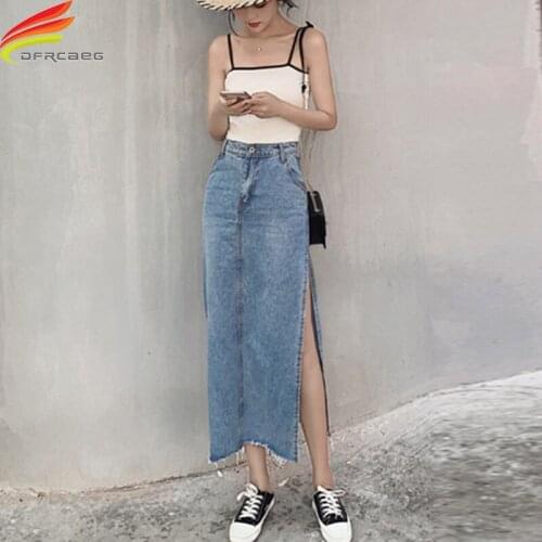 New 2021 Summer Long Denim Skirt Women High Waist Sky Blue Slit Maxi Jean Skirts With Pockets Korean Style Jupe Longue Femme