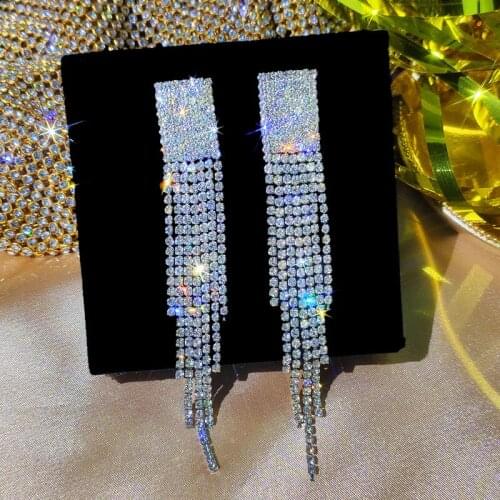 Flatfoosie Luxury Long Tassel Drop Earrings for Women Bijoux Silver Color Crystal Dangle Earring Wedding Fashion Jewelry Gifts