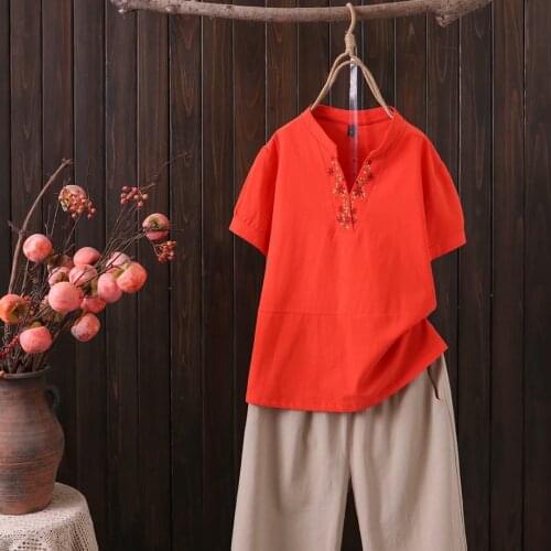 Plus size cotton short sleeve V-Neck Embroidery tshirts & Elastic waist pants women sets 2021 summer ladies 2 pieces female