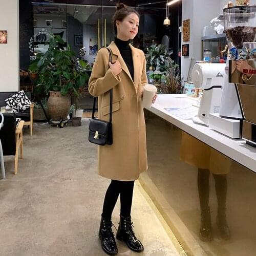 2020 New Korean Loose Woolen Coat Womens Mid-Length Popular Camel Thick Hepburn Style Winter Wool Blazer Trench Outerwear y1117