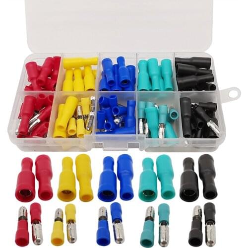 100Pieces/Box Bullet Insulated Terminals Crimp Plug Male Female Plug-in Terminal Electric Wire Connector Kit FRD MPD 1.25-156